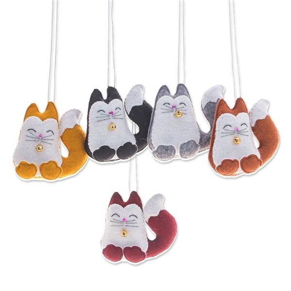 Alternate image for Set of Five Handcrafted Felt Cat Ornaments with Golden Bells Colorful Meows