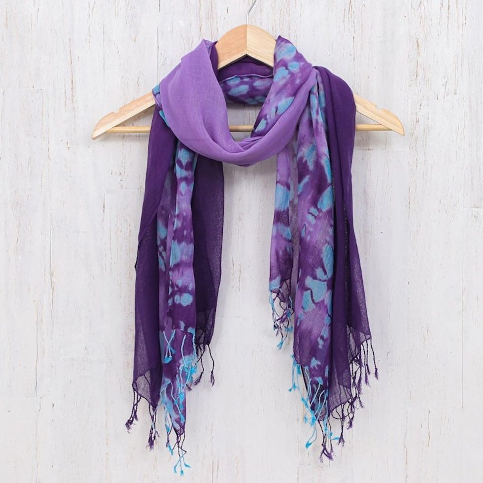 Pair of Cotton Scarves in Shades of Blue 'Sky of Love'