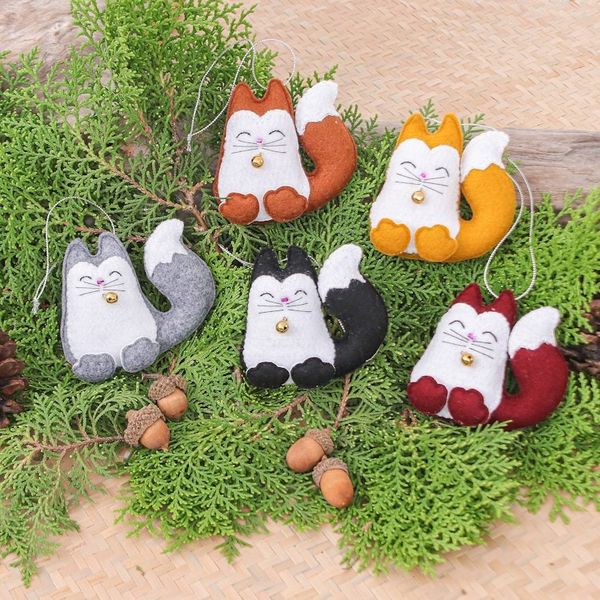 Alternate image for Set of Five Handcrafted Felt Cat Ornaments with Golden Bells Colorful Meows