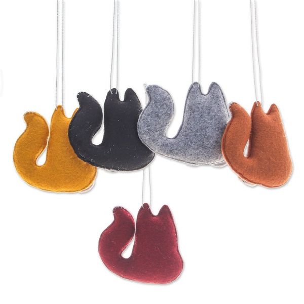 Alternate image for Set of Five Handcrafted Felt Cat Ornaments with Golden Bells Colorful Meows