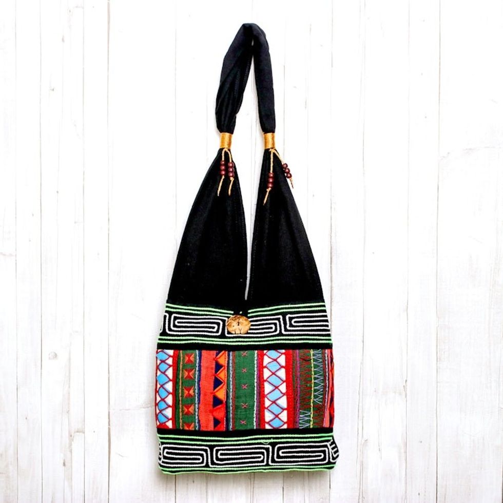 Thai Multicolored Cotton Shoulder Bag with Geometric Motif 'Ardent Thai'