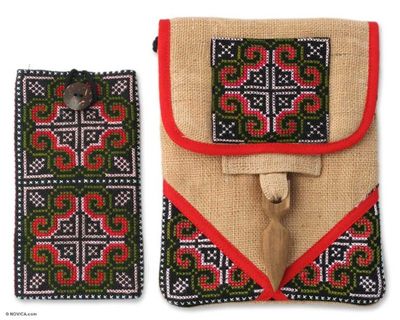 Alternate image for Unique Hill Tribe Hemp Bag and Cell Phone Pouch Ultimate Red