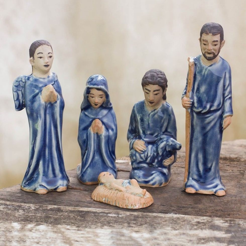 Hand Crafted Celadon Ceramic Nativity Statuettes set of 5 'Blessed Nativity in Blue'