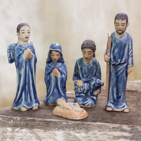 Alternate image for Hand Crafted Celadon Ceramic Nativity Statuettes set of 5 Blessed Nativity in Blue
