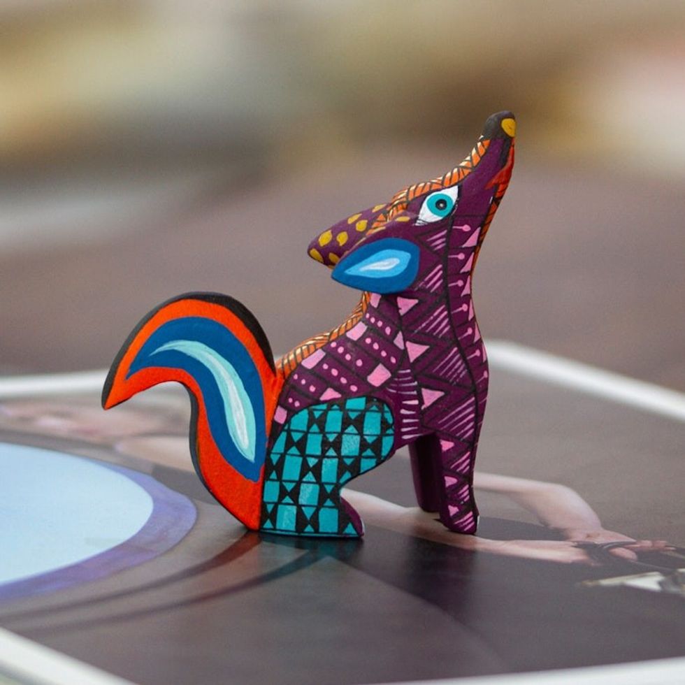 Copal Wood Alebrije Coyote Figurine Hand-Painted in Purple 'Fantasy Coyote'