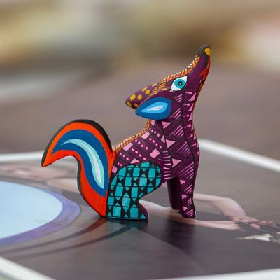 Alternate image for Copal Wood Alebrije Coyote Figurine Hand-Painted in Purple Fantasy Coyote