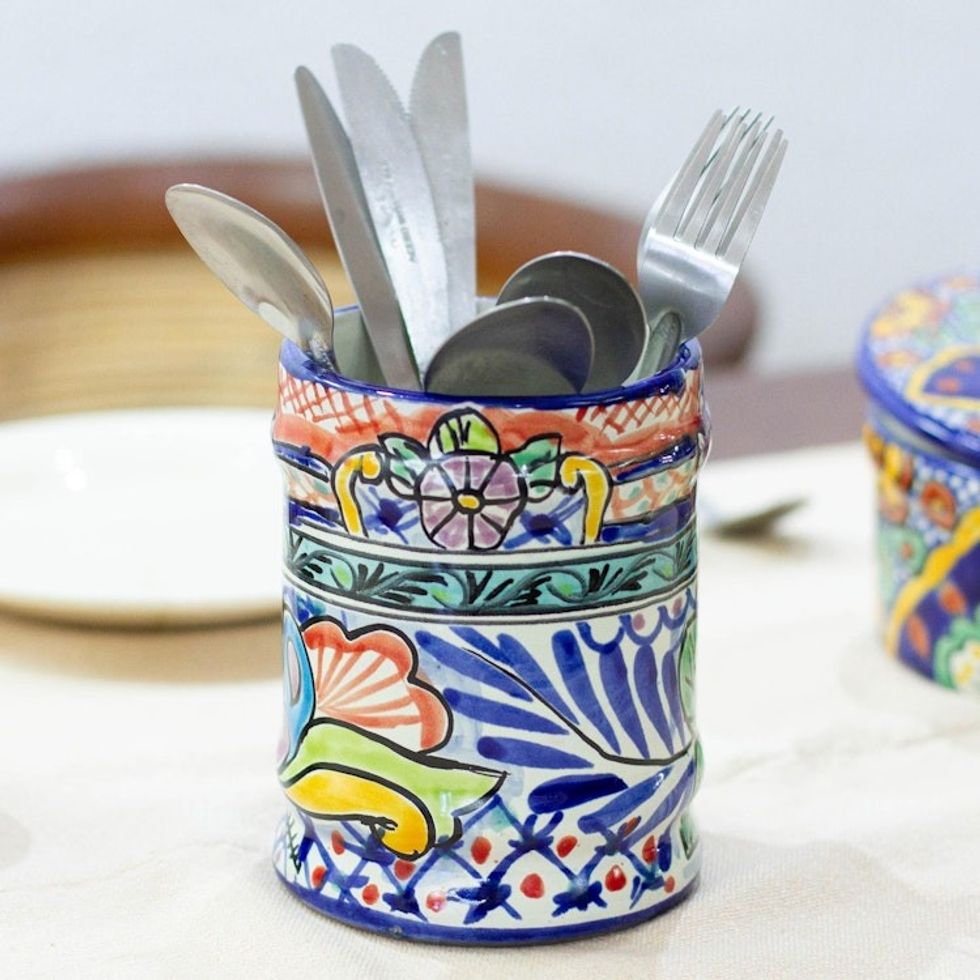 Hand Painted Ceramic Utensils Container from Mexico 'Colonial Guanajuato'