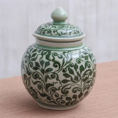 Alternate image for Celadon Ceramic Jar with Lid Vegetation