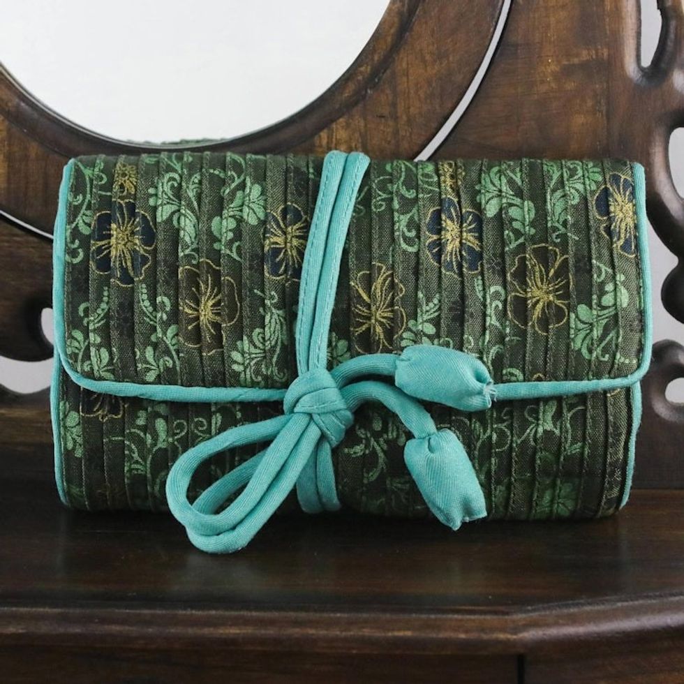 Rayon and Silk Blend Jewelry Roll in Green from Thailand 'Floral Fashionista'