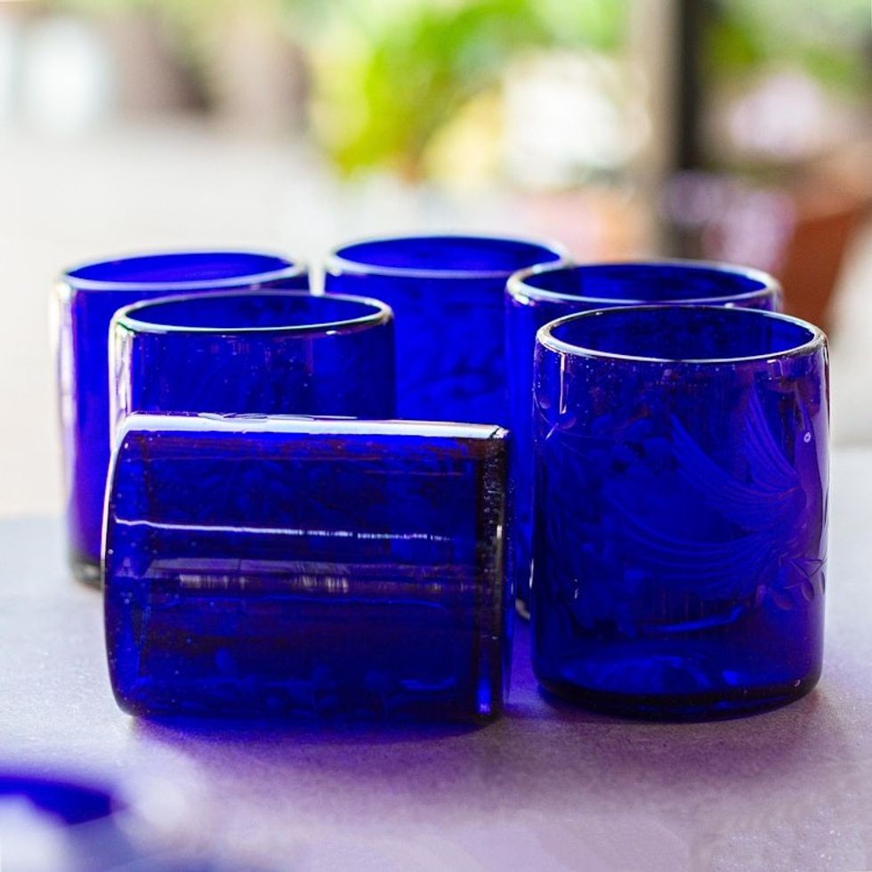 Blue Etched Hand Blown Juice Glasses Set of 6 'Paloma Azul'