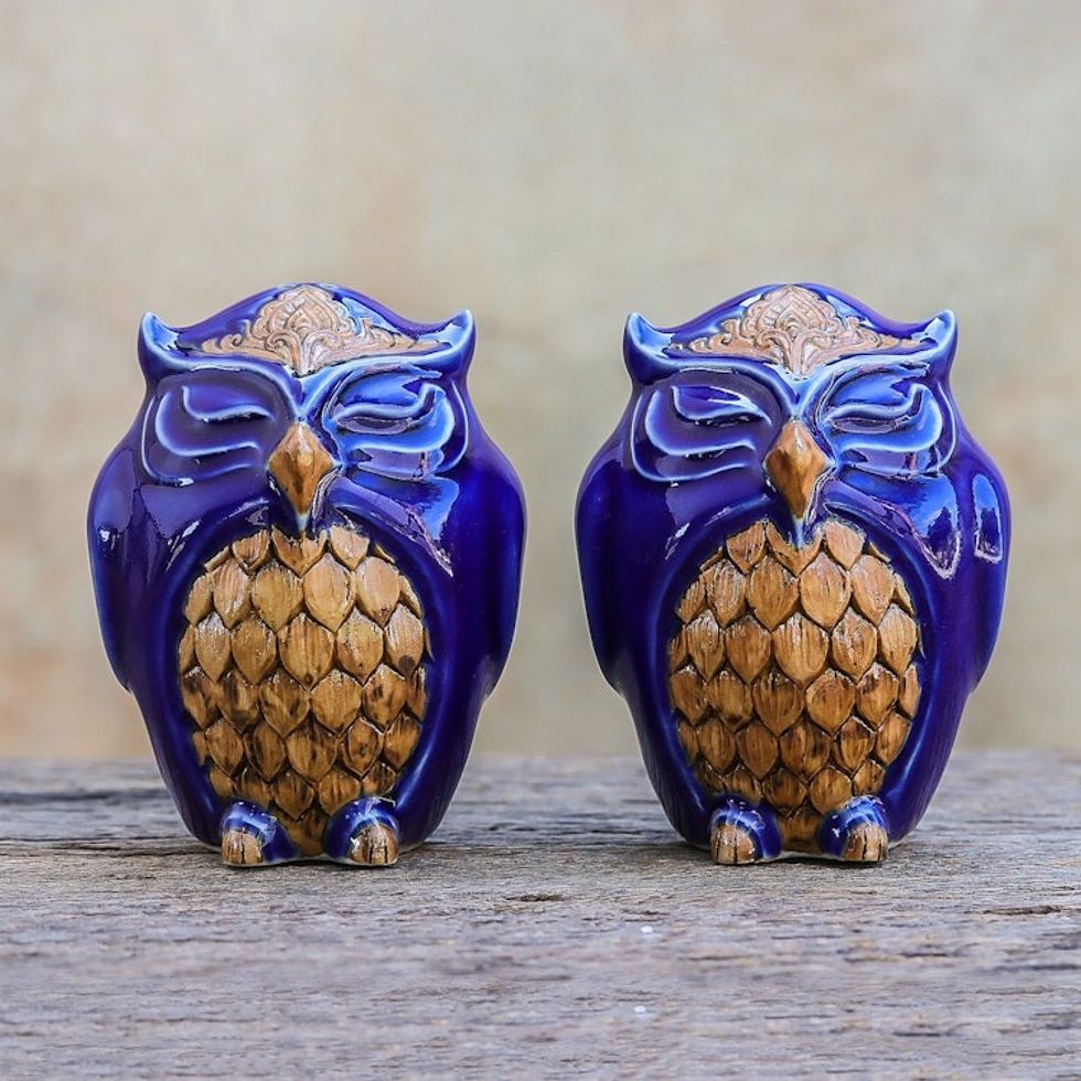 Ceramic Owl Salt and Pepper Shakers in Blue Pair 'Calm Owls in Blue'