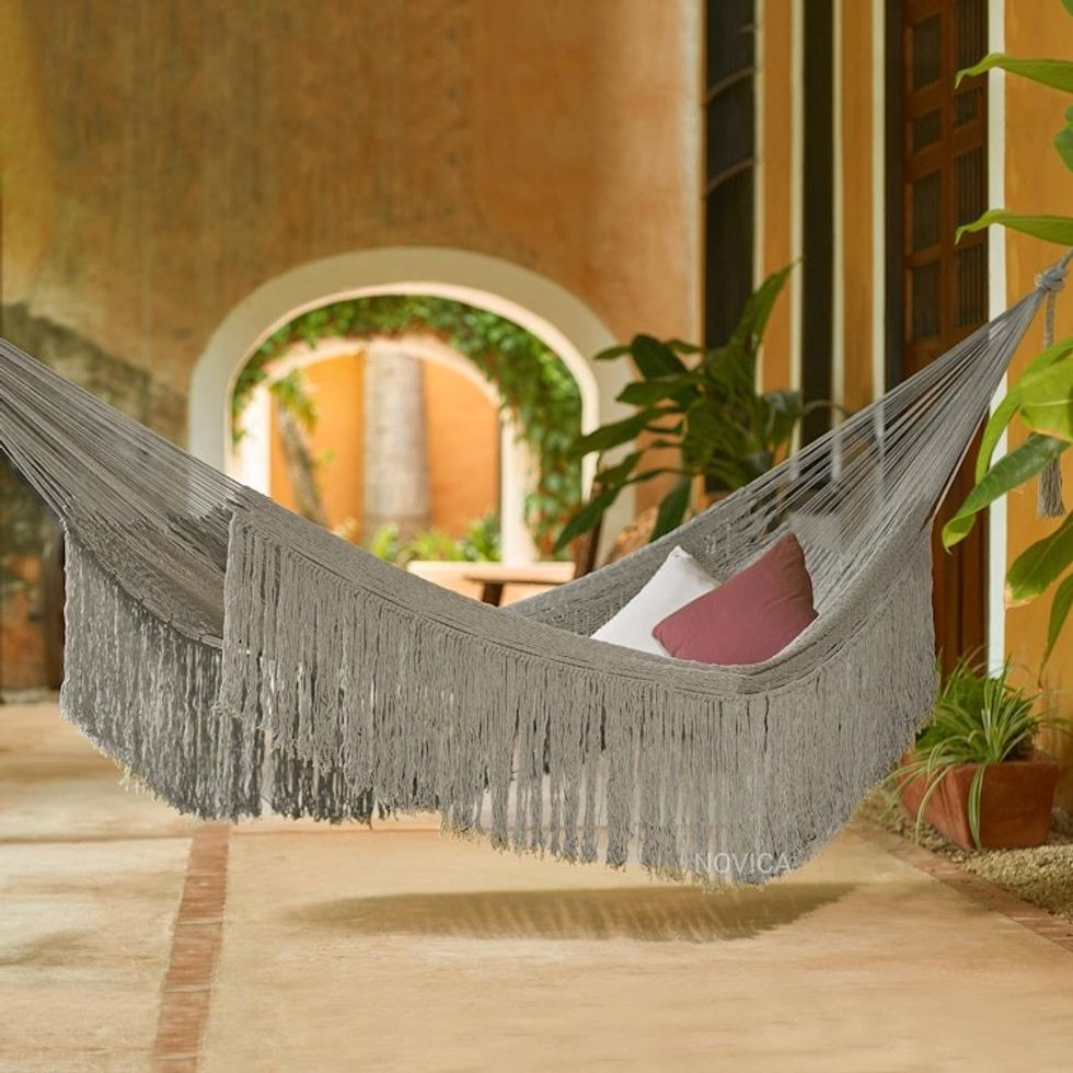 Grey Rope Hammock with Fringe Double 'Cascade in Grey'