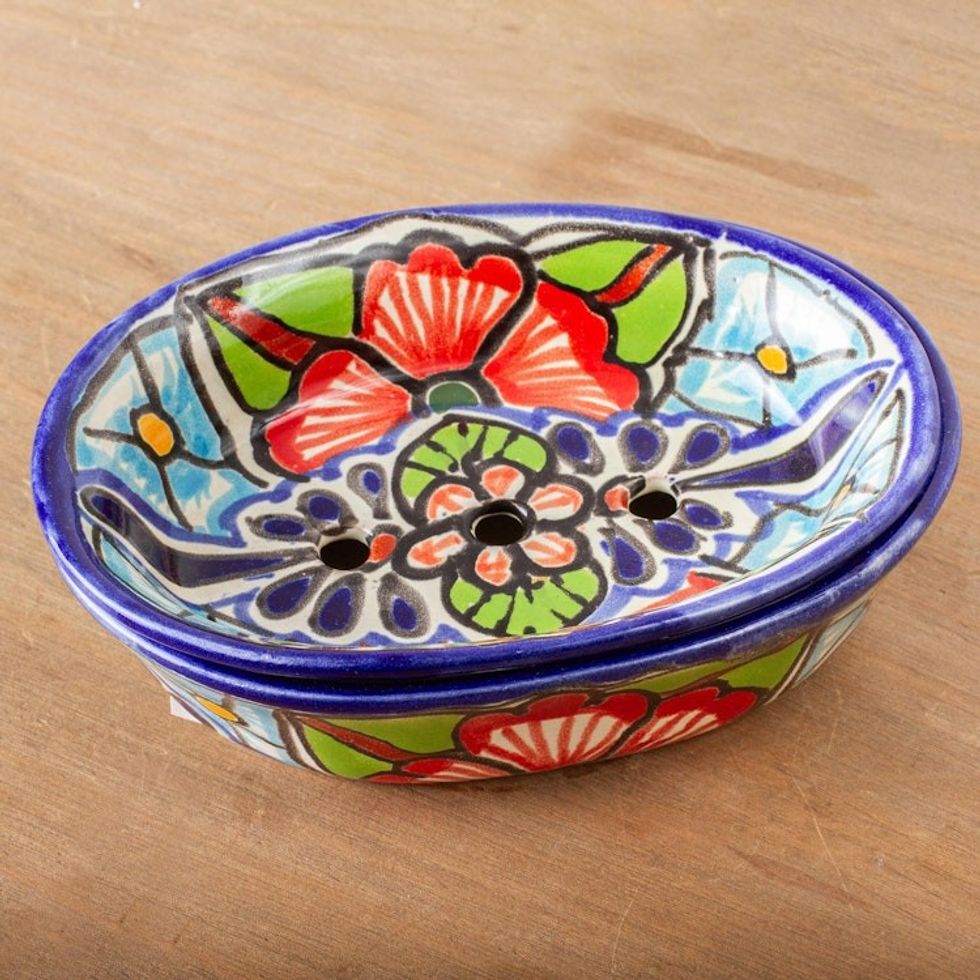 Handmade Talavera Style Ceramic Soap Dish 'Talavera Bouquet'