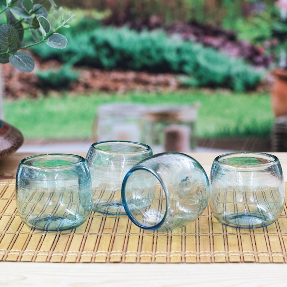 4 Hand Blown Recycled Glass Stemless Wine Glasses in Blue 'Social Bliss in Blue'