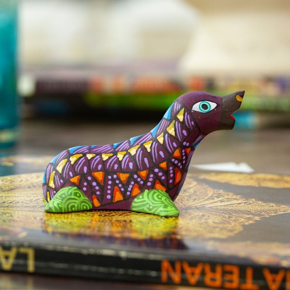 Traditional Alebrije Copal Wood Figurine of Purple Seal 'Seal in the Purple Sea'