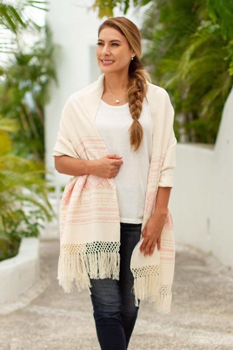 Pink and Creamy Cotton Handwoven Zapotec Shawl 'Pink Stars of Teotitlan'