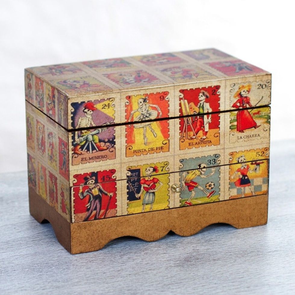 Day of the Dead Bingo Decoupage on Pinewood Jewelry Box 'Day of the Dead Lottery'