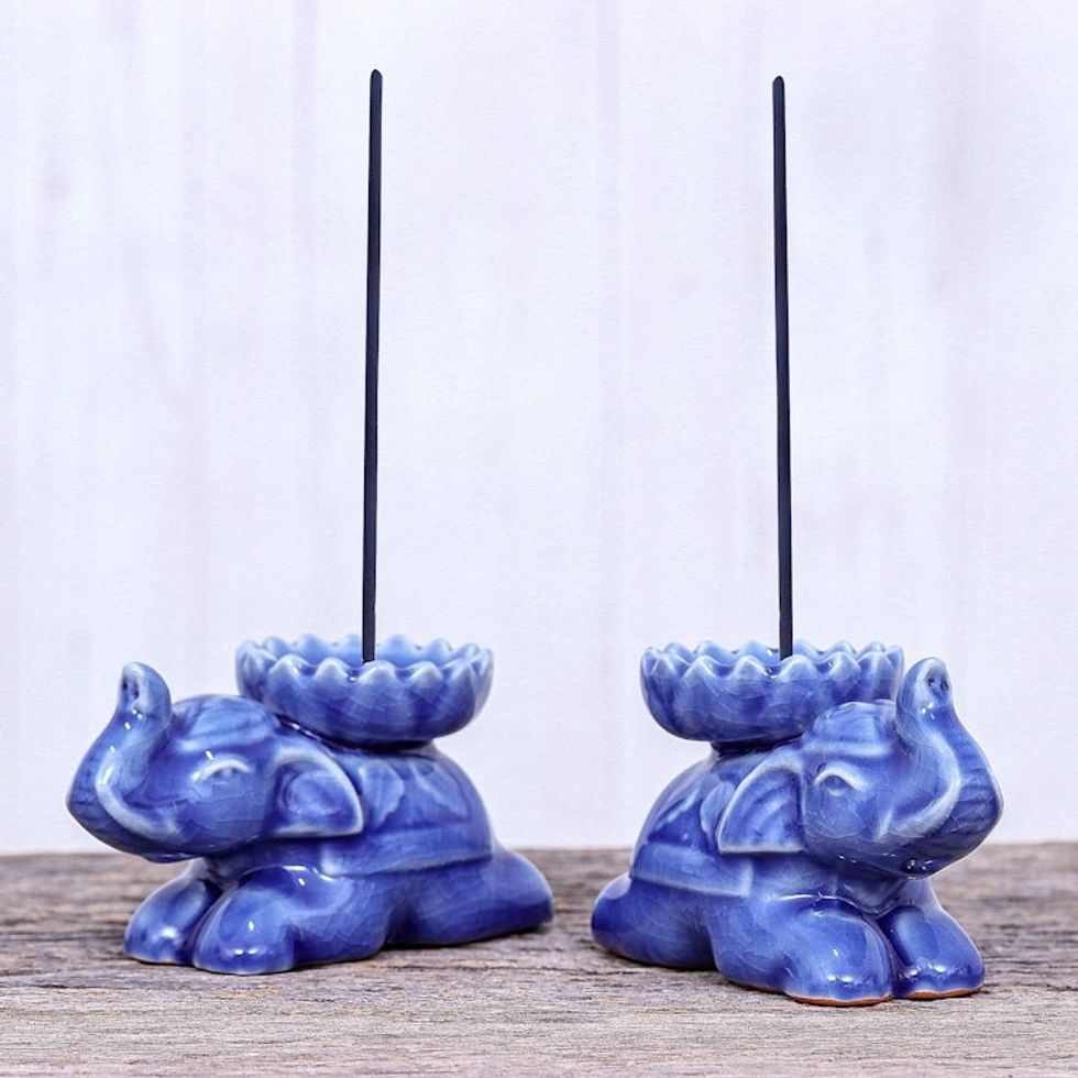 Blue Elephant Incense Holders from Thailand Pair 'Polite Elephants in Blue'