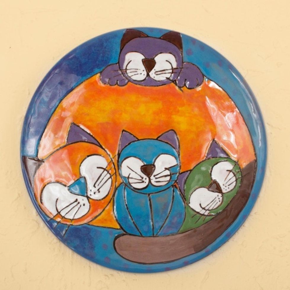 Happy Playful Cat Family Colorful Ceramic Decorative Plate 'Happy Cat Family'