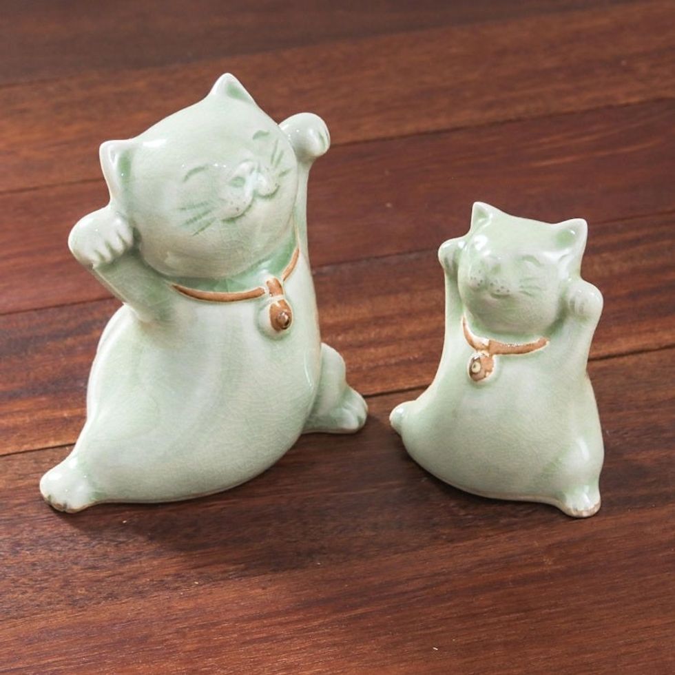 Celadon Ceramic Cat Figurines from Thailand Pair 'Cats of Fortune'