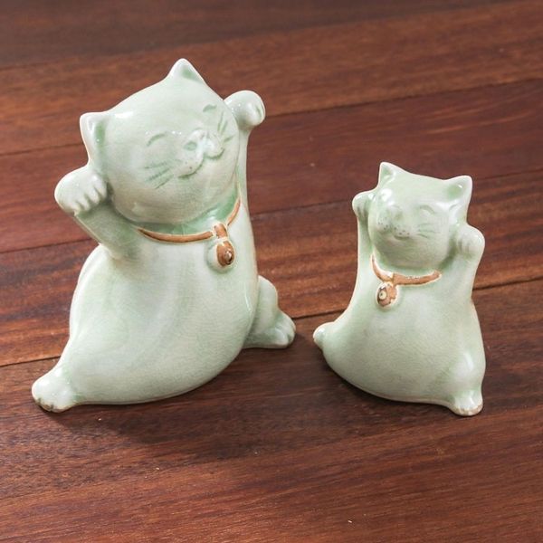 Alternate image for Celadon Ceramic Cat Figurines from Thailand Pair Cats of Fortune