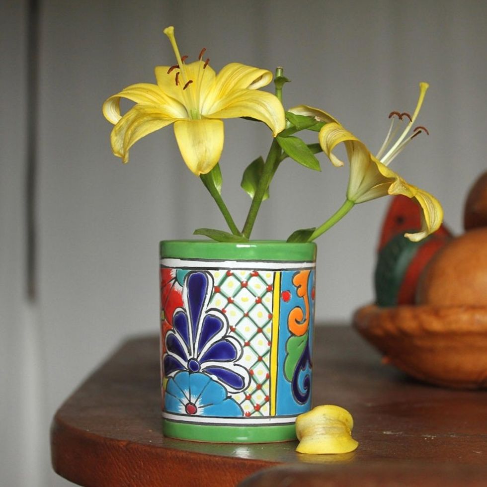 Cylindrical Talavera-Style Ceramic Vase from Mexico 'Colorful Bouquet'