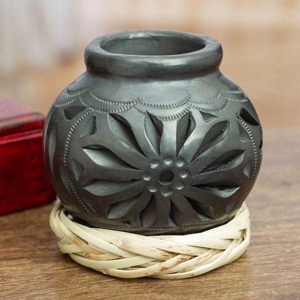Alternate image for Mexican Barro Negro Decorative Vase with Floral Details Oaxaca Pottery Blossom