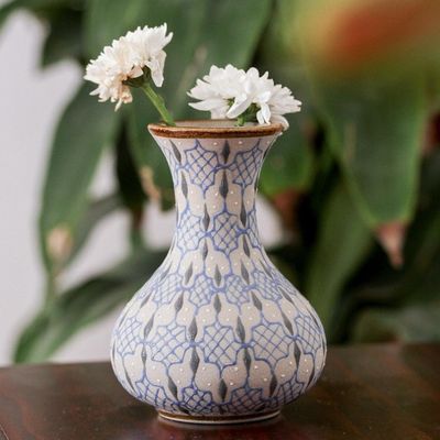 Alternate image for Handcrafted Blue and Grey Patterned Ceramic Flower Vase Web of Dew