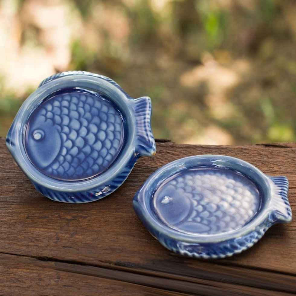 Authentic Deep Blue Thai Celadon Ceramic Coasters Pair 'Ocean Blue Fish'
