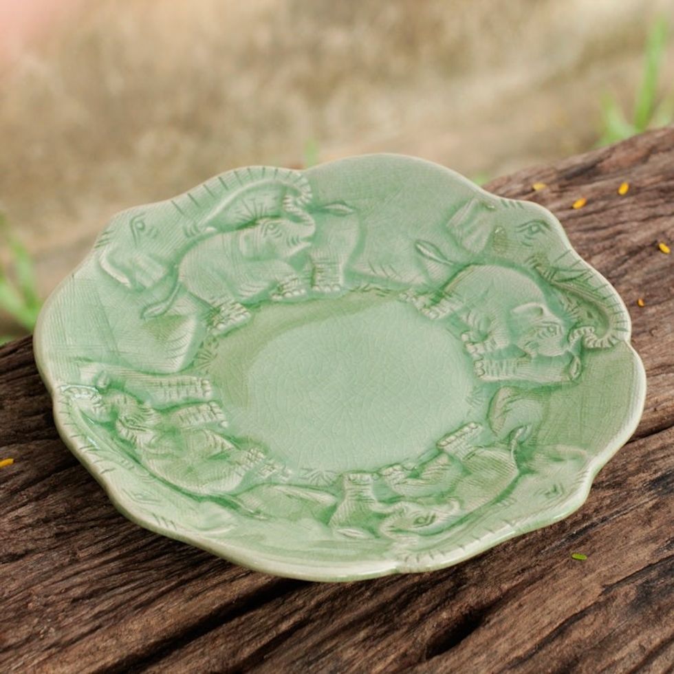 Artisan Crafted Elephant Theme Thai Celadon Ceramic Plate 'Elephant Family'