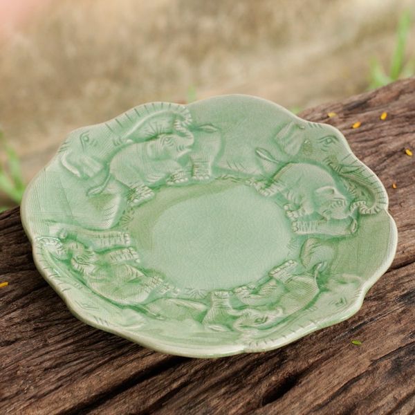 Alternate image for Artisan Crafted Elephant Theme Thai Celadon Ceramic Plate Elephant Family