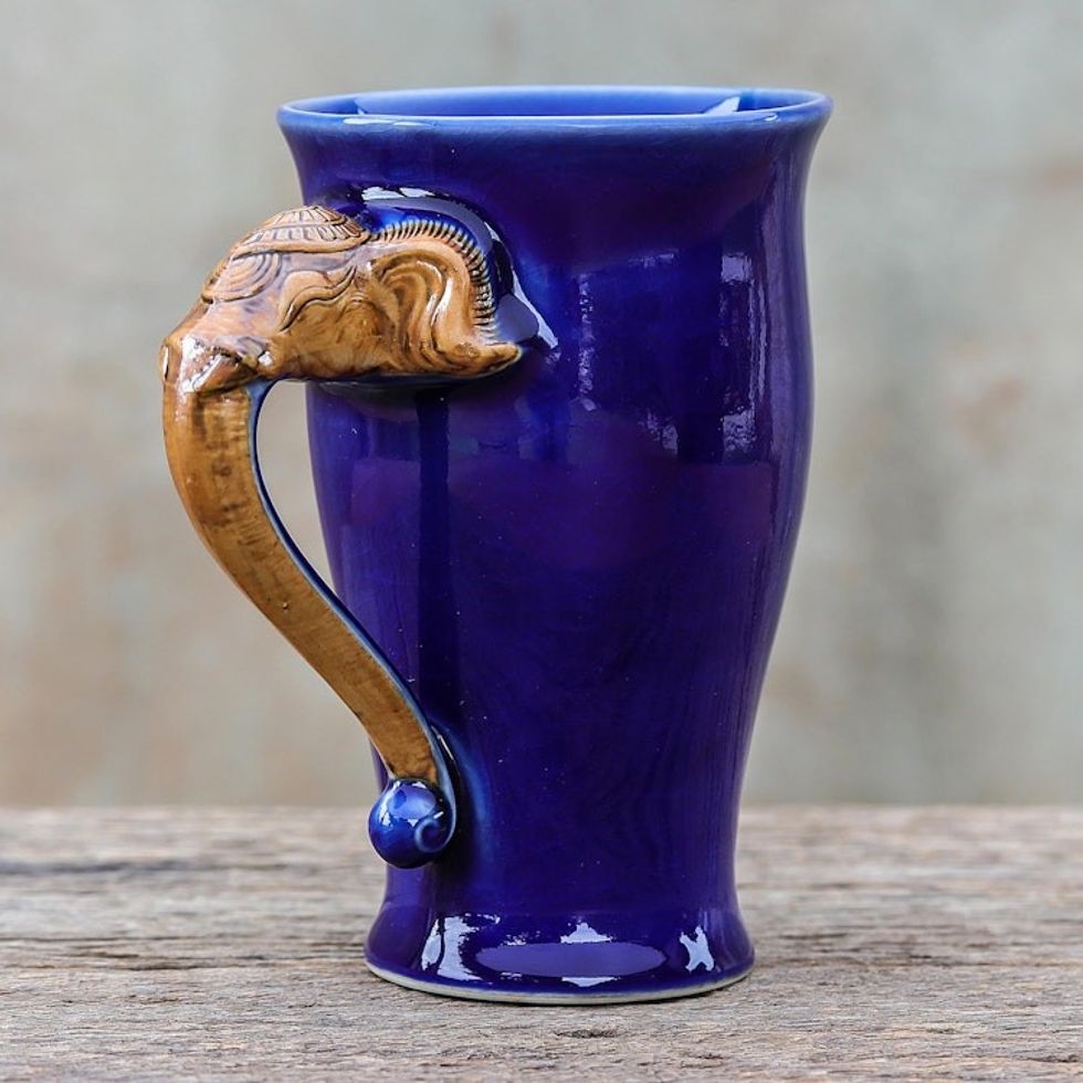 Thai Elephant-Themed Celadon Ceramic Mug in Blue 'Elephant Handle in Blue'