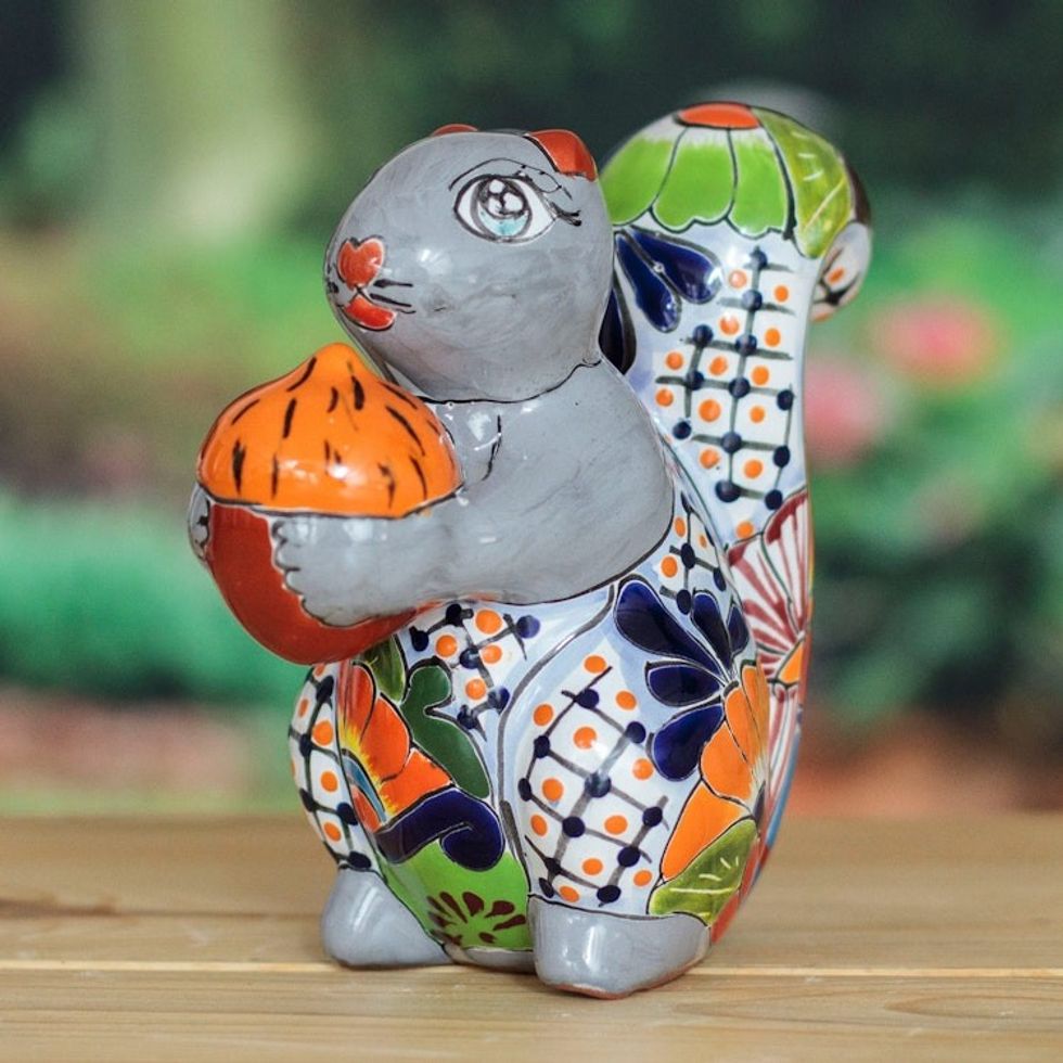 Squirrel-Themed Hacienda Painted Ceramic Sculpture in Grey 'Sylvan Tradition'