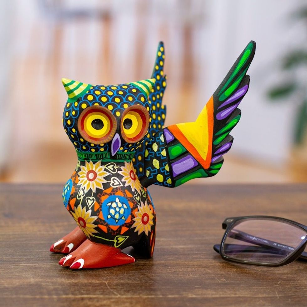 Colorful Handcrafted Wood Statuette 'My Owl Protector'