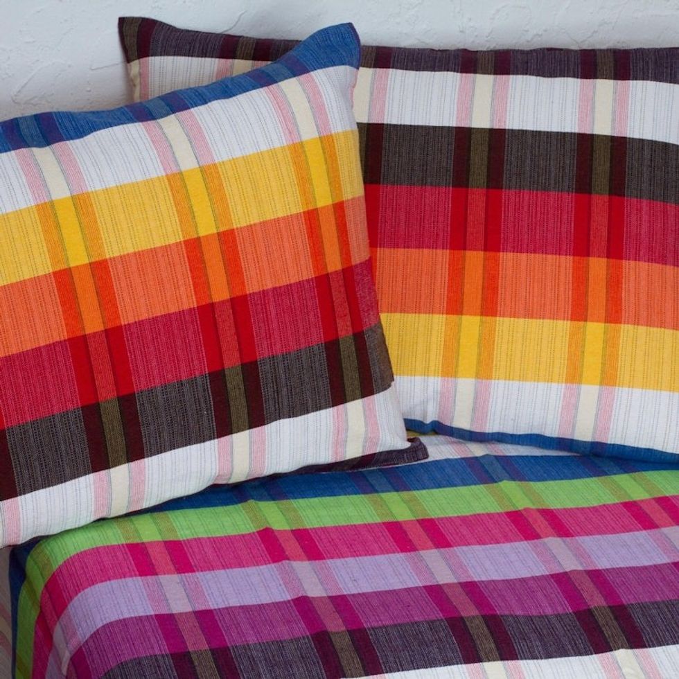 Twin Cotton Bedspread and Pillowcases with Stripes 'Beautiful Rainbow'