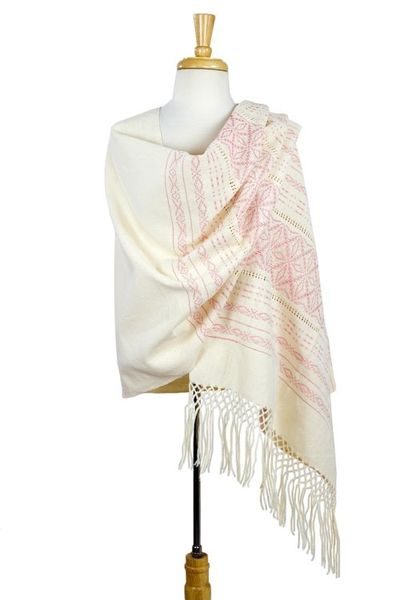Alternate image for Pink and Creamy Cotton Handwoven Zapotec Shawl Pink Stars of Teotitlan