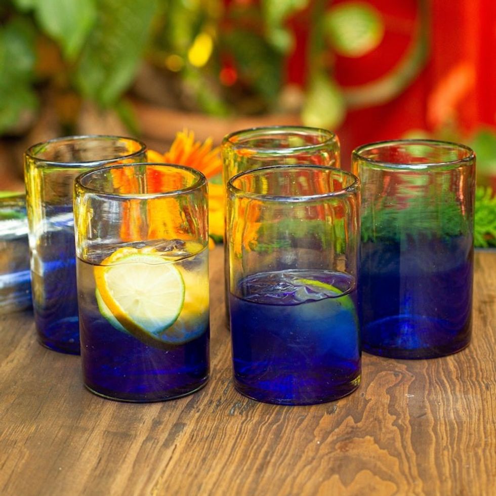 Cobalt Blue Recycled Glass Tumblers from Mexico Set of 6 'Cobalt Cool'