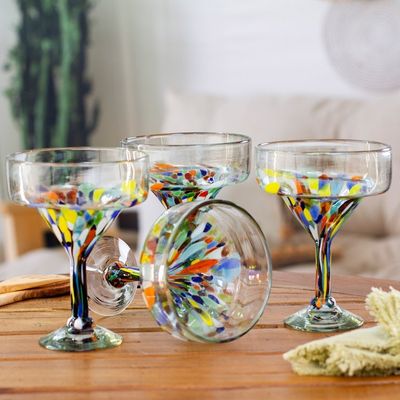 Primary image for Set of 4 Colorful Handblown Margarita Glasses from Mexico Chromatic Finesse