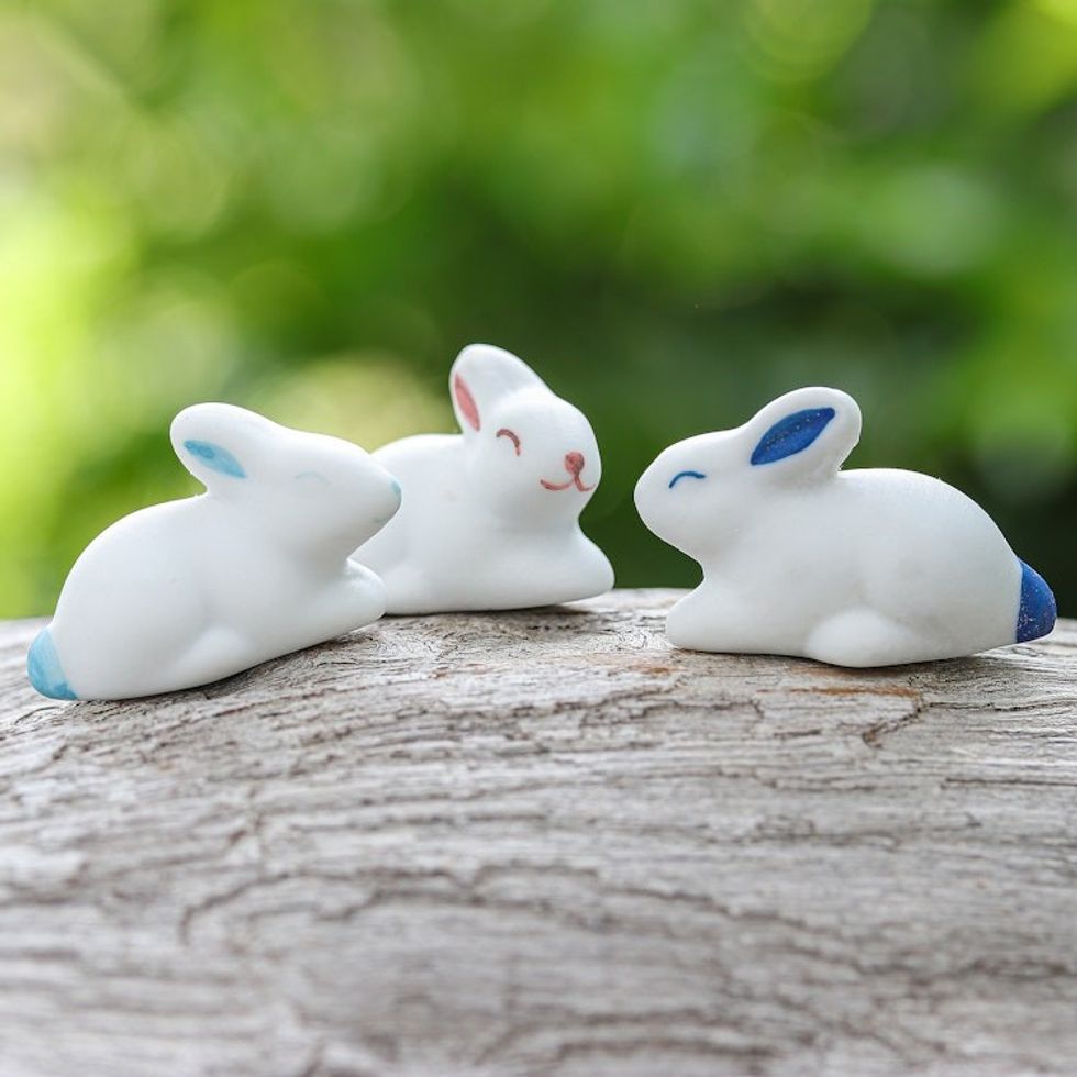 Set of 3 Ceramic Figurines of Bunnies in Pink and Blue Tones 'Gentle Triplets'