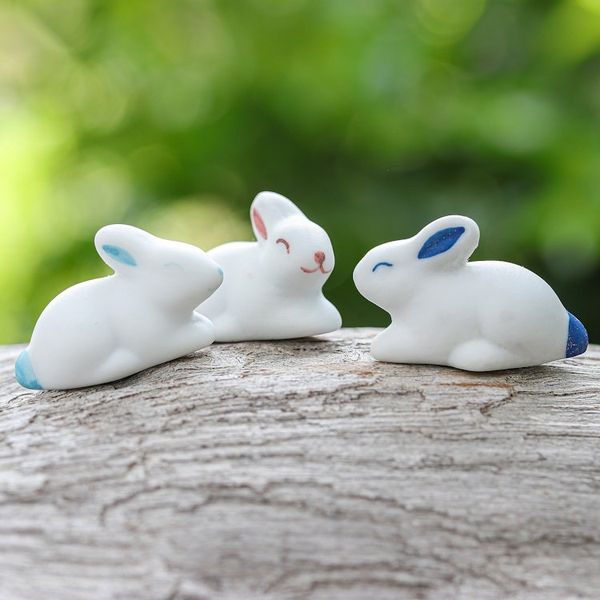 Alternate image for Set of 3 Ceramic Figurines of Bunnies in Pink and Blue Tones Gentle Triplets