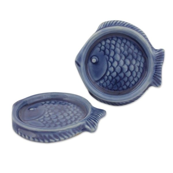 Alternate image for Authentic Deep Blue Thai Celadon Ceramic Coasters Pair Ocean Blue Fish