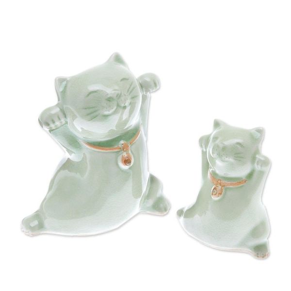 Alternate image for Celadon Ceramic Cat Figurines from Thailand Pair Cats of Fortune