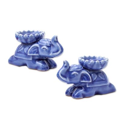 Alternate image for Blue Elephant Incense Holders from Thailand Pair Polite Elephants in Blue
