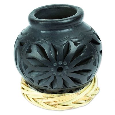 Alternate image for Mexican Barro Negro Decorative Vase with Floral Details Oaxaca Pottery Blossom