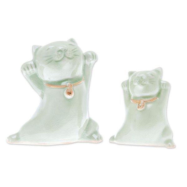 Alternate image for Celadon Ceramic Cat Figurines from Thailand Pair Cats of Fortune