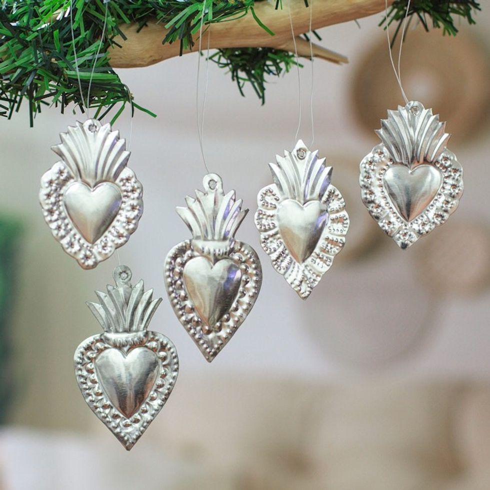 5 Handmade Heart-Shaped Repousse Tin Plated Steel Ornaments 'Petite Hearts'