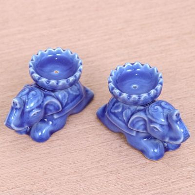 Alternate image for Blue Elephant Incense Holders from Thailand Pair Polite Elephants in Blue