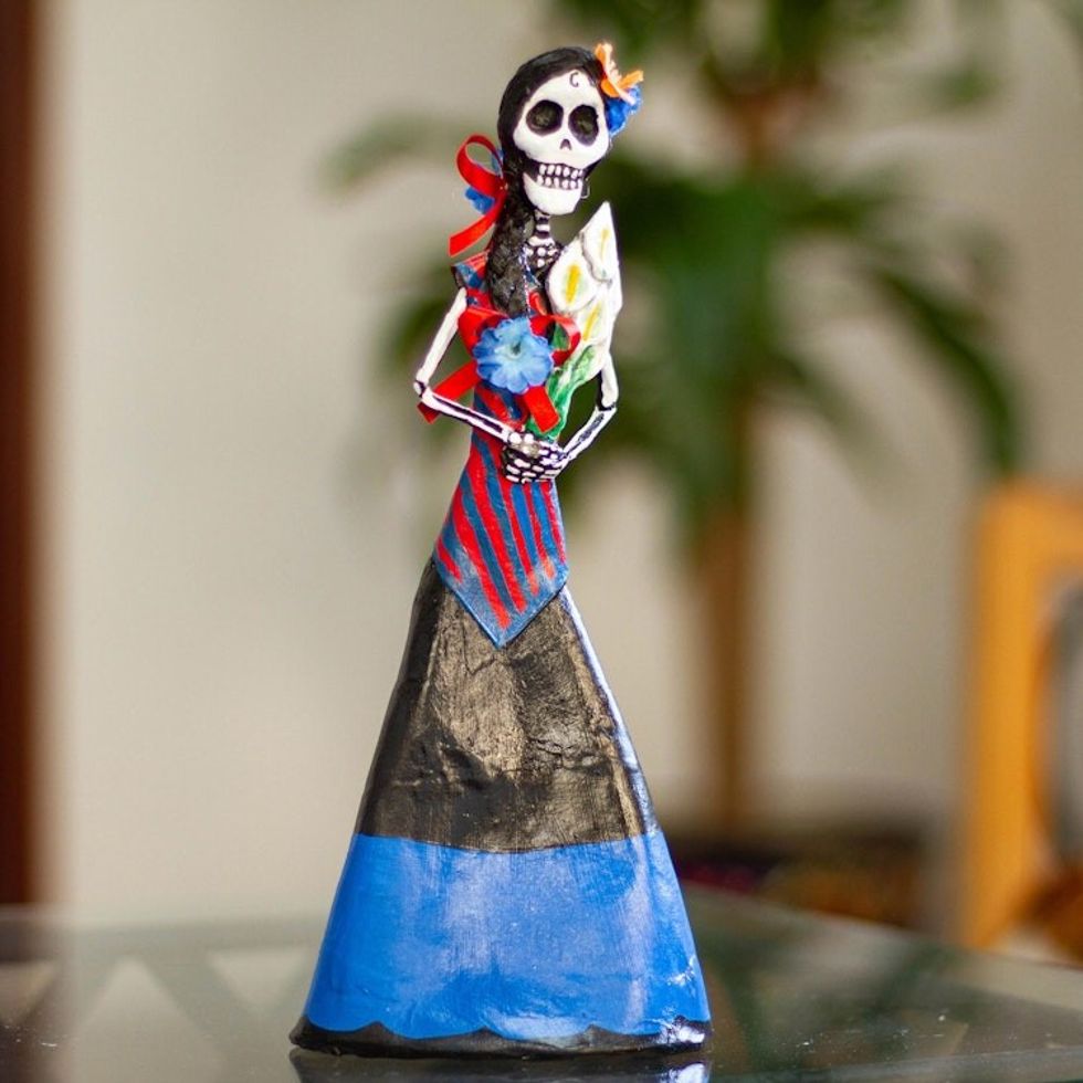 Mexican Skeletal Catrina Papier Mache Statuette 'Catrina with Lilies'