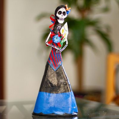 Alternate image for Mexican Skeletal Catrina Papier Mache Statuette Catrina with Lilies