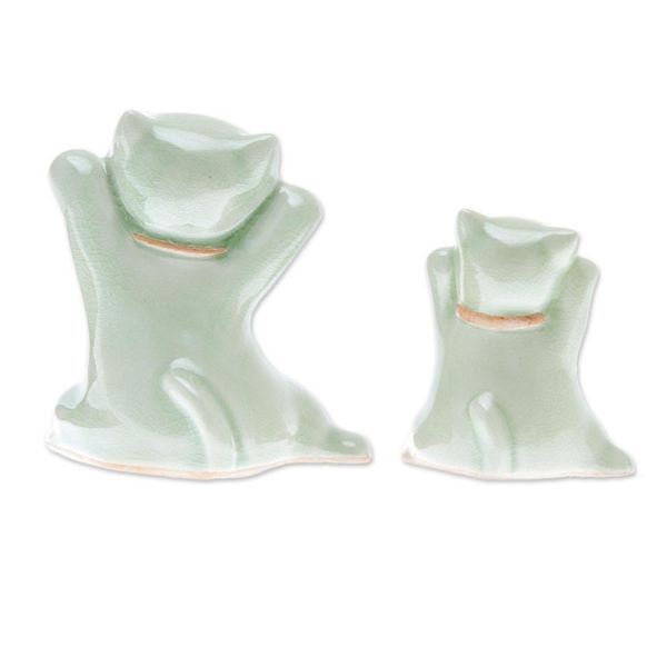 Alternate image for Celadon Ceramic Cat Figurines from Thailand Pair Cats of Fortune